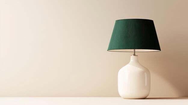 Elegant white lamp with green shade on minimalistic table in softly lit interior setting photo