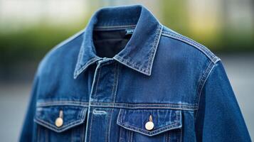 Denim jacket on display showcasing classic style and timeless fashion at a modern outdoor location during daylight photo