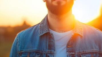 Sunset glow illuminates man in denim jacket standing outdoors during golden hour photo