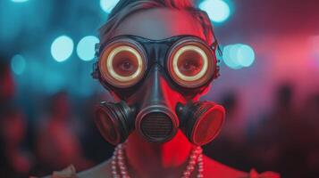 Unique portrait of a woman wearing a gas mask with glowing rings in a vibrant and artistic urban setting photo