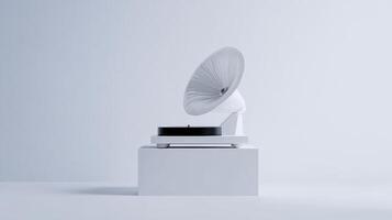 Modern white phonograph on display with clean lines and minimalistic design in a studio setting photo