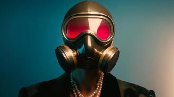 Woman wearing a stylish gas mask with red lenses and pearls posing in a dramatic lighting setting photo