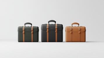 Stylish leather briefcases in black, green, and tan arranged on a minimalistic background for modern professionals photo