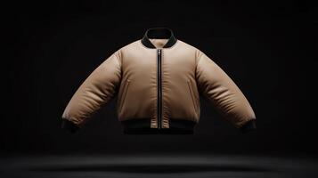 Stylish brown bomber jacket floating against a dark background showcasing modern design and sleek aesthetic appeal photo