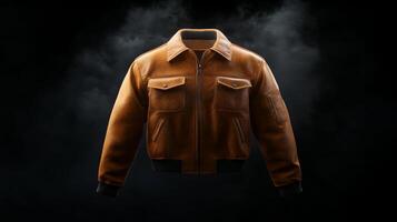 Classic brown leather jacket against a dark smoky background showcasing texture and craftsmanship photo