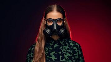 Young woman in a gas mask and camouflage hoodie against a gradient background, conveying a dystopian atmosphere and emotion photo