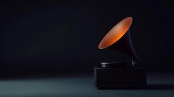 Vintage gramophone with warm lighting highlighting its elegant design and vinyl record, perfect for music lovers and interior decor enthusiasts photo