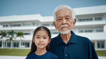 Elderly man and young girl stand together in front of modern building with clear blue sky photo