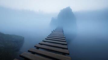 Mysterious wooden boardwalk extending into foggy landscape by tranquil lake at dawn photo