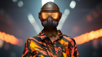 Futuristic model showcasing innovative attire and unique mask design at a vibrant fashion event during nighttime photo