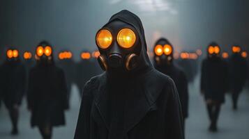 Groups of figures in dark cloaks wearing glowing gas masks create an eerie atmosphere in an abandoned space photo