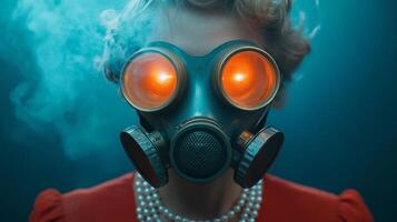 Gas mask portrait with glowing lenses showcases a surreal and eerie aesthetic in an atmospheric setting photo