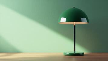 Contemporary green lamp casting soft light in minimalist interior setting with wooden surface in natural daytime ambiance photo