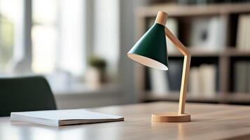 Stylish green desk lamp illuminating a minimalist workspace with a neutral notebook ready for writing photo