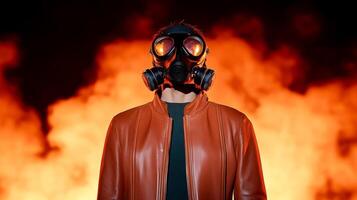 Individual in gas mask and leather jacket stands against fiery backdrop, conveying a sense of danger and mystery at night photo