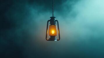 Illuminated lantern casting warm glow in dark, foggy environment for atmospheric ambiance and vintage charm photo