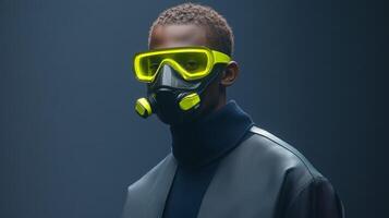 Dramatic portrait of a man wearing a futuristic diving mask with neon accents in a dark studio setting photo