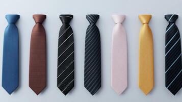 Collection of ties displayed in a row showcasing various colors and patterns for formal attire photo