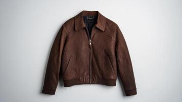 Classic brown leather jacket exhibited on a neutral backdrop showcasing its elegant design and premium material quality photo