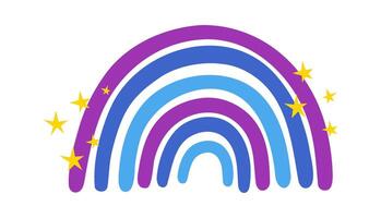 Colorful rainbow arching across a white background, with vibrant purple and blue stripes and sparkling yellow stars, creating a whimsical and magical atmosphere vector