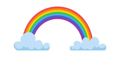 Bright, multicolored rainbow spanning across the sky, connecting two cumulus clouds on a pristine white backdrop, creating a cheerful and vibrant illustration vector