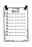 Hand drawn wish list is attached to white background with push pins, creating a simple yet effective visual representation of goal setting and desire fulfillment vector
