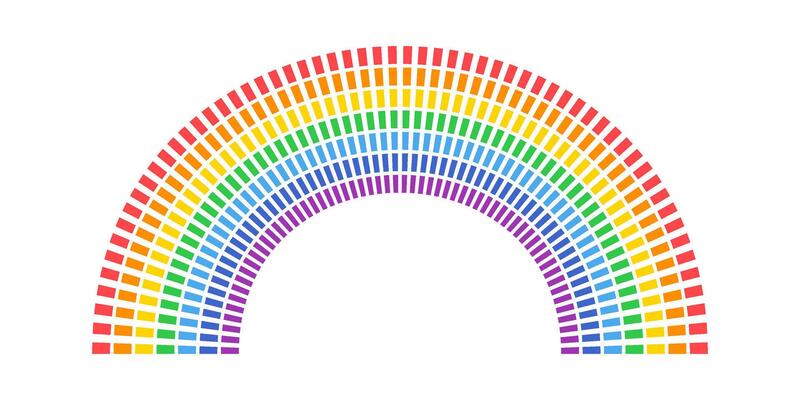 Colorful rounded rectangles are forming a rainbow arch on a white background, creating a vibrant and visually appealing design with a spectrum of colors