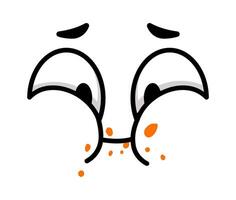 Simple cartoon face spitting orange crumbs while looking up with an expression of disgust, ideal for conveying concepts such as poor food quality, indigestion or disgust vector