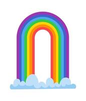 Colorful rainbow with distinct bands of color forming an arch over fluffy stylized clouds against a clean white backdrop, symbolizing hope, joy, and natural beauty vector