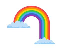 Bright, multicolored rainbow spanning between two fluffy clouds, creating a cheerful and vibrant illustration against a clean white backdrop vector
