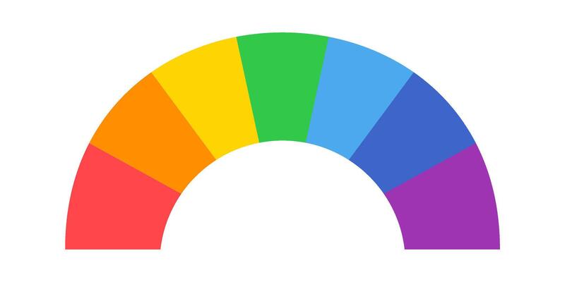 Semicircular color palette displaying a vibrant spectrum of hues in a perfect arc against a clean white background, illustrating color harmony and design potential