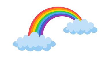 Bright, colorful rainbow arching over two fluffy clouds against a clean white background, creating a cheerful and whimsical atmosphere suitable for various design projects vector