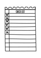 Hand drawn checklist features several items marked with checkmarks and crosses, indicating completed and pending tasks, providing a simple visual representation of progress and organization vector
