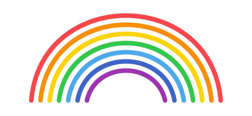 Seven parallel curved lines forming a rainbow with colors ranging from red to violet on a white background, representing hope, diversity, and natural beauty