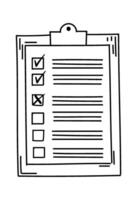 Hand drawn clipboard displaying a checklist with completed items, a crossed out task, and pending tasks, illustrating task management and progress tracking vector