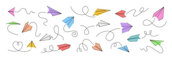 Paper planes. Colorful flying airplanes. Various paper airplane flight in different directions. Doodle origami traveling and message symbols. Paper plane route. collection vector