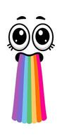 Cartoon face featuring large eyes and long eyelashes, playfully vomiting a vibrant rainbow against a clean white background, creating a whimsical and colorful illustration vector