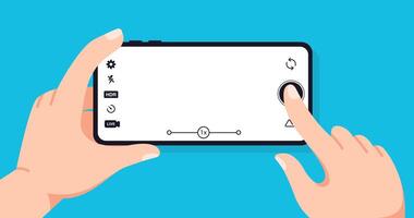 Taking photo with smartphone. Using mobile phone camera for making picture. Finger touching button on smartphone. Hand holding device. Media content creation. concept vector