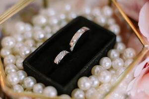 Elegant Wedding Rings Displayed in a Decorative Box with Pearls photo