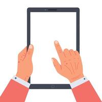 Hands Holding a Tablet Pointing at a Blank Screen for User Interface Concept and Interaction vector