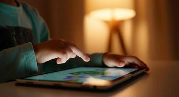 Child engaged with tablet at night in cozy atmosphere photo