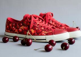 Cherry themed sneakers with unique fruit print design against a gray background photo