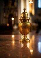 Golden Ballot Urn on Marble Surface, Symbol of Sacred Ceremony in Papal Election photo