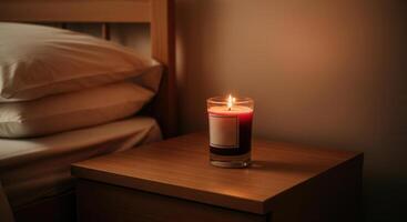 Plain bedside table with a lone cherry scented candle in a simple glass holder. photo