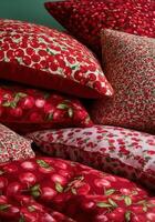 Cherry themed decorative pillows with vibrant patterns for home design inspiration photo