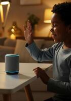Child interacting with AI assistant in cozy home setting photo