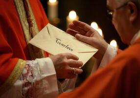 Cardinal hands papal conclave envelope in candlelit ceremony photo