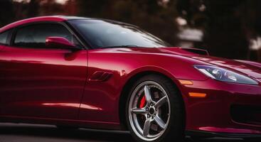 Sleek dark red cherry sports car displayed at sunset with focus on modern design photo