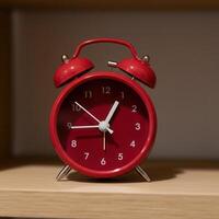 Cherry red minimalist alarm clock isolated on a light wood shelf. photo