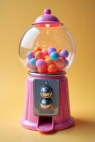 Vintage pink gumball machine with colorful balls on yellow background photo